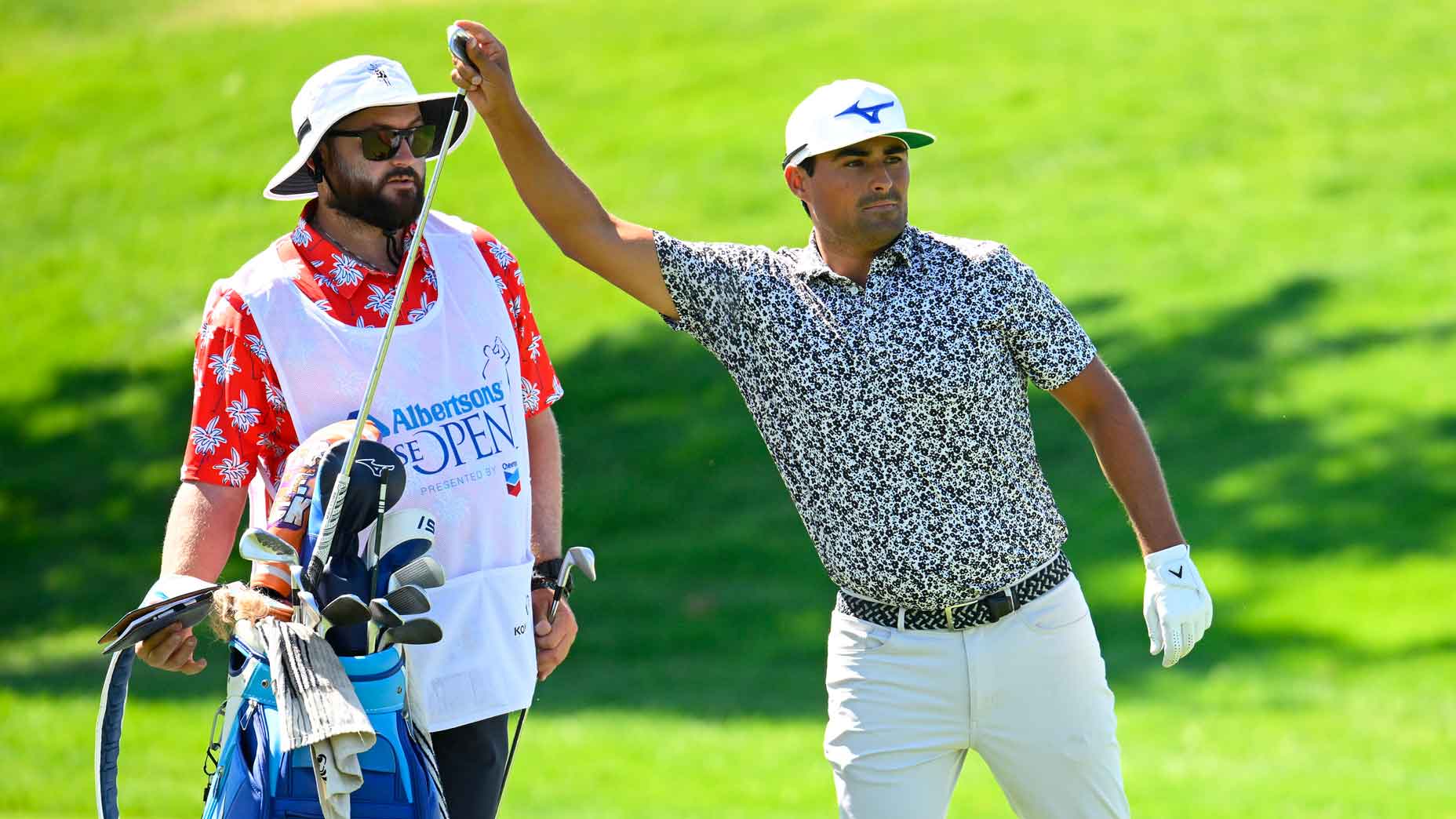 Bryson Nimmer, who got a slow-play penatly in Korn Ferry Tour Finals, stands with caddie at the 2025 Albertsons Boise Open.