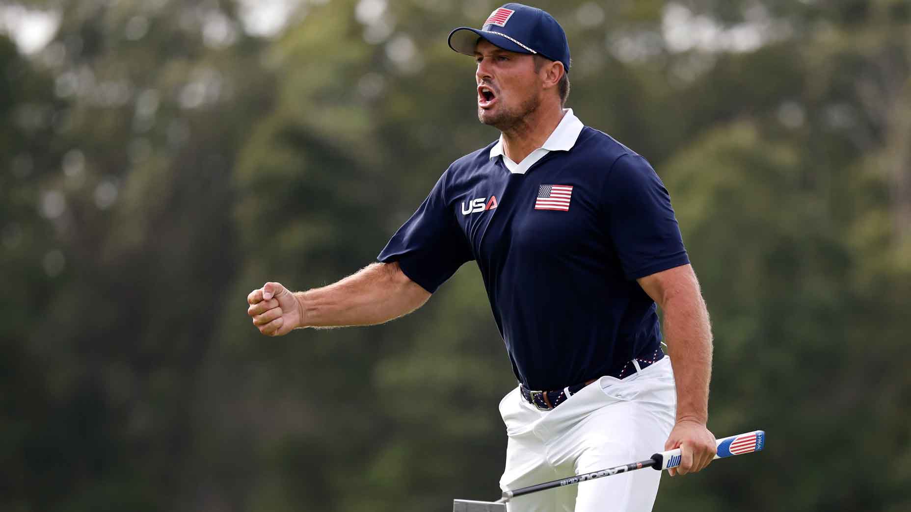 Bryson DeChambeau of Team United States reacts after making his putt to win the 11th hole during the Saturday afternoon four-balls matches of the 2025 Ryder Cup at Black Course at Bethpage State Park Golf Course on September 27, 2025 in Farmingdale, New York.
