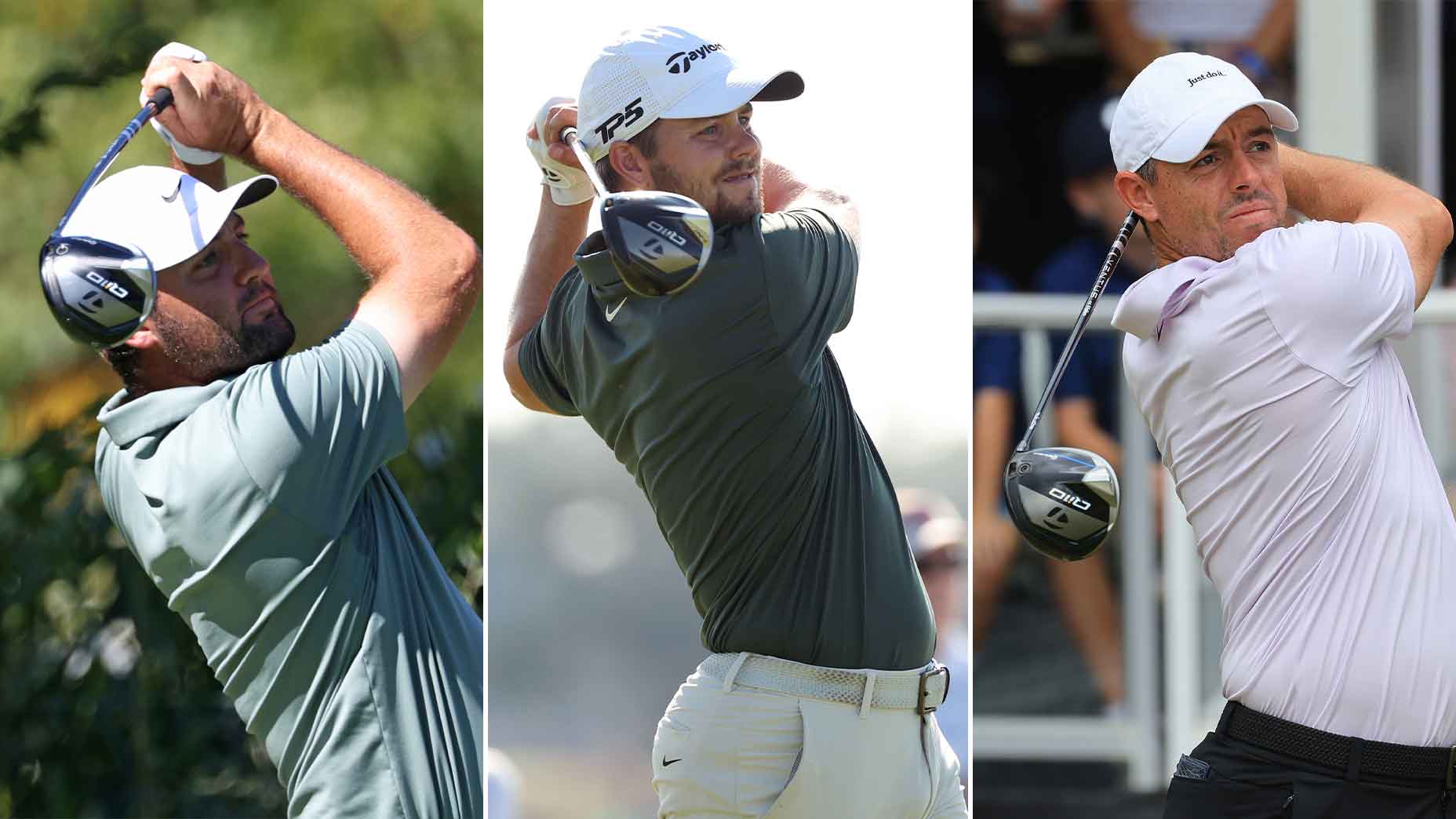 Scottie Scheffler, Pierceson Coody and Rory McIlroy with TaylorMade Qi10 drivers.