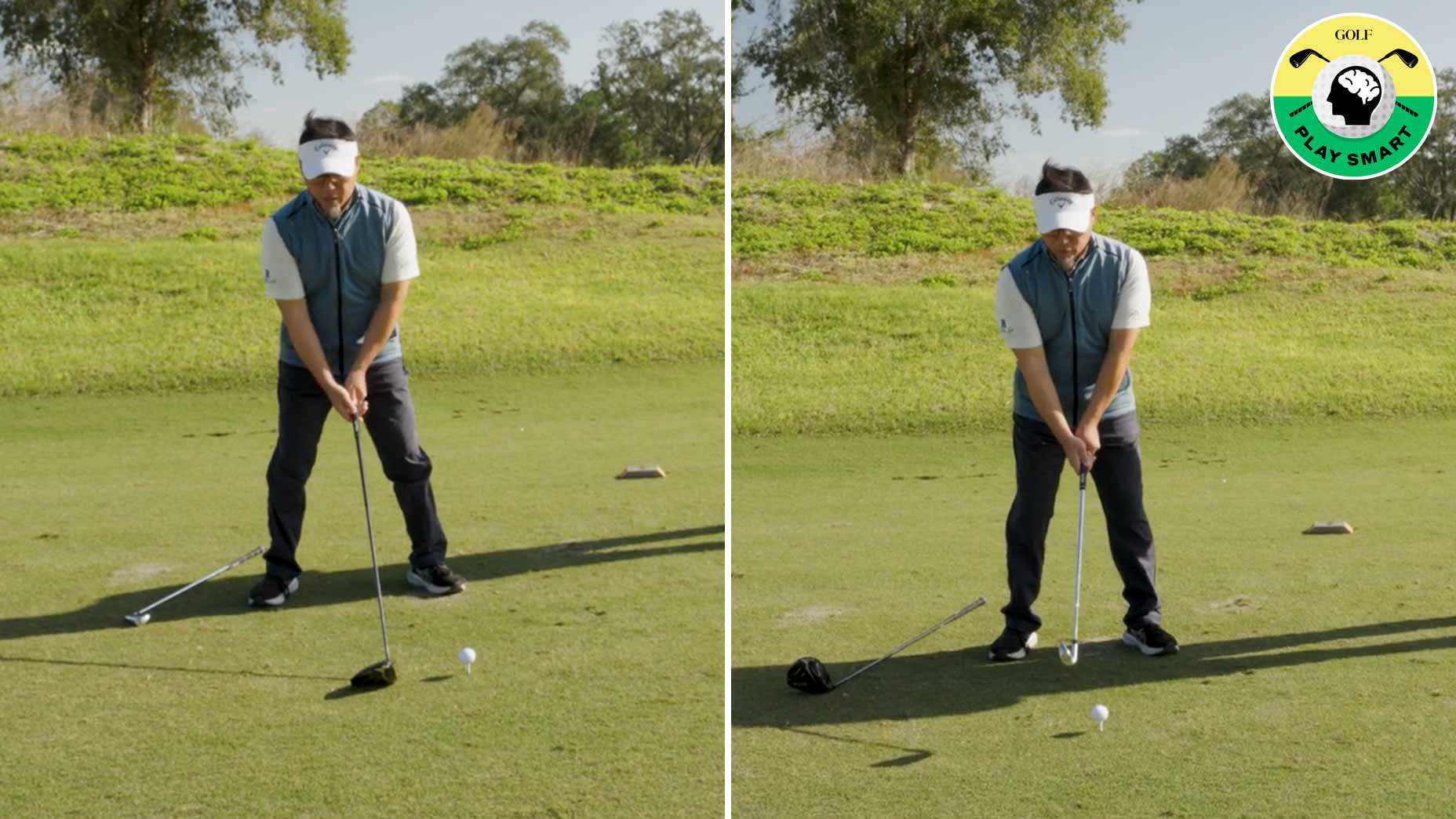 james hong sets up to a driver and sets up to an iron