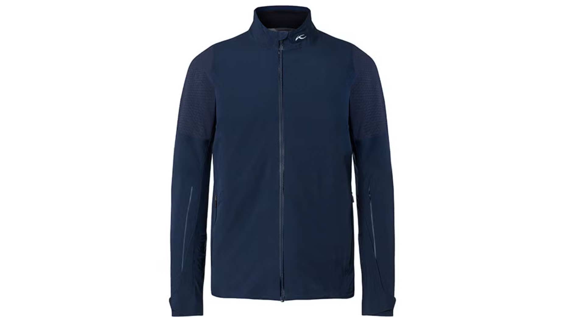 blue rain jacket with white background