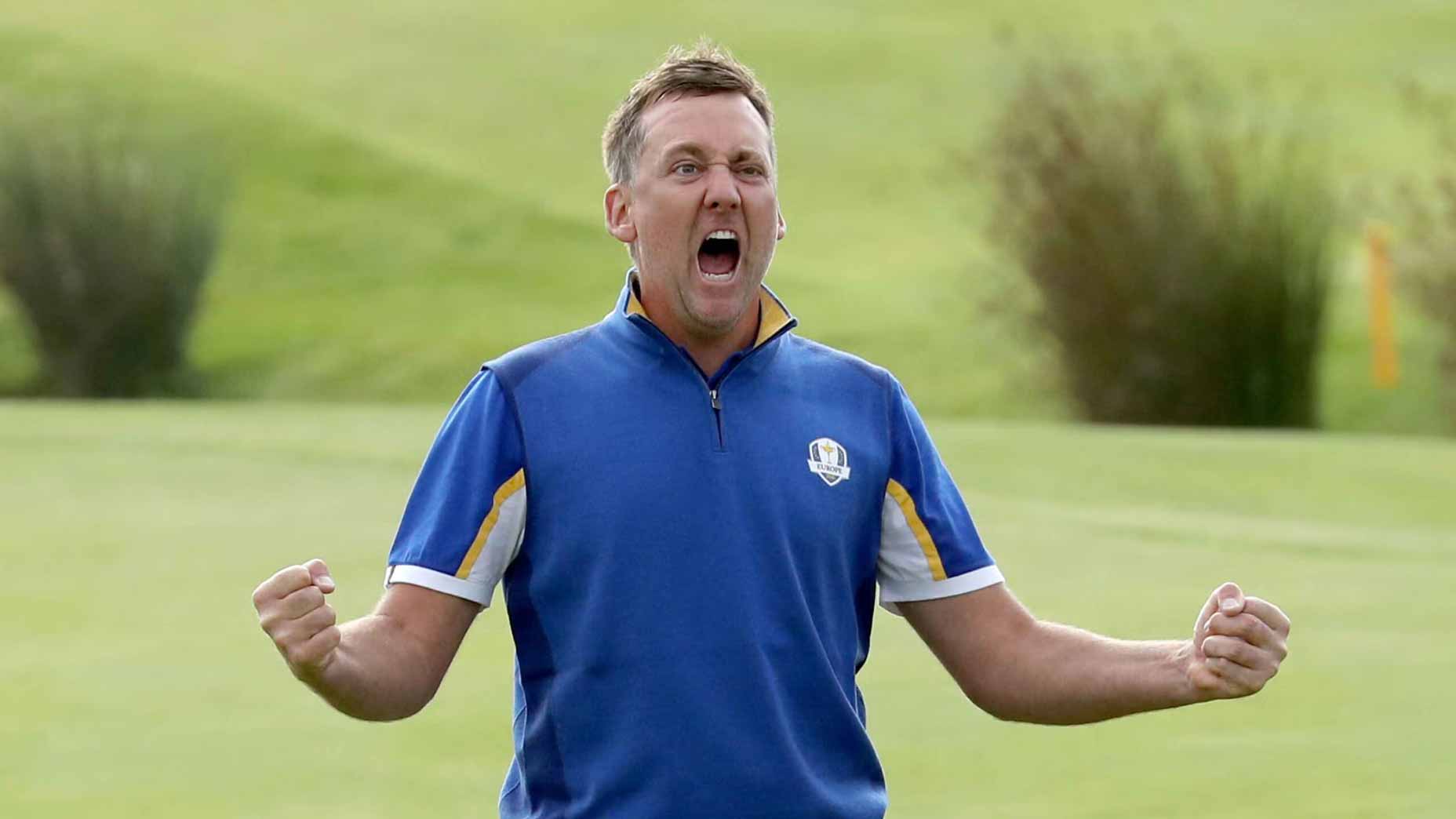 Former European Ryder Cup player Ian Poulter celebrates after winning the 2018 Ryder Cup.