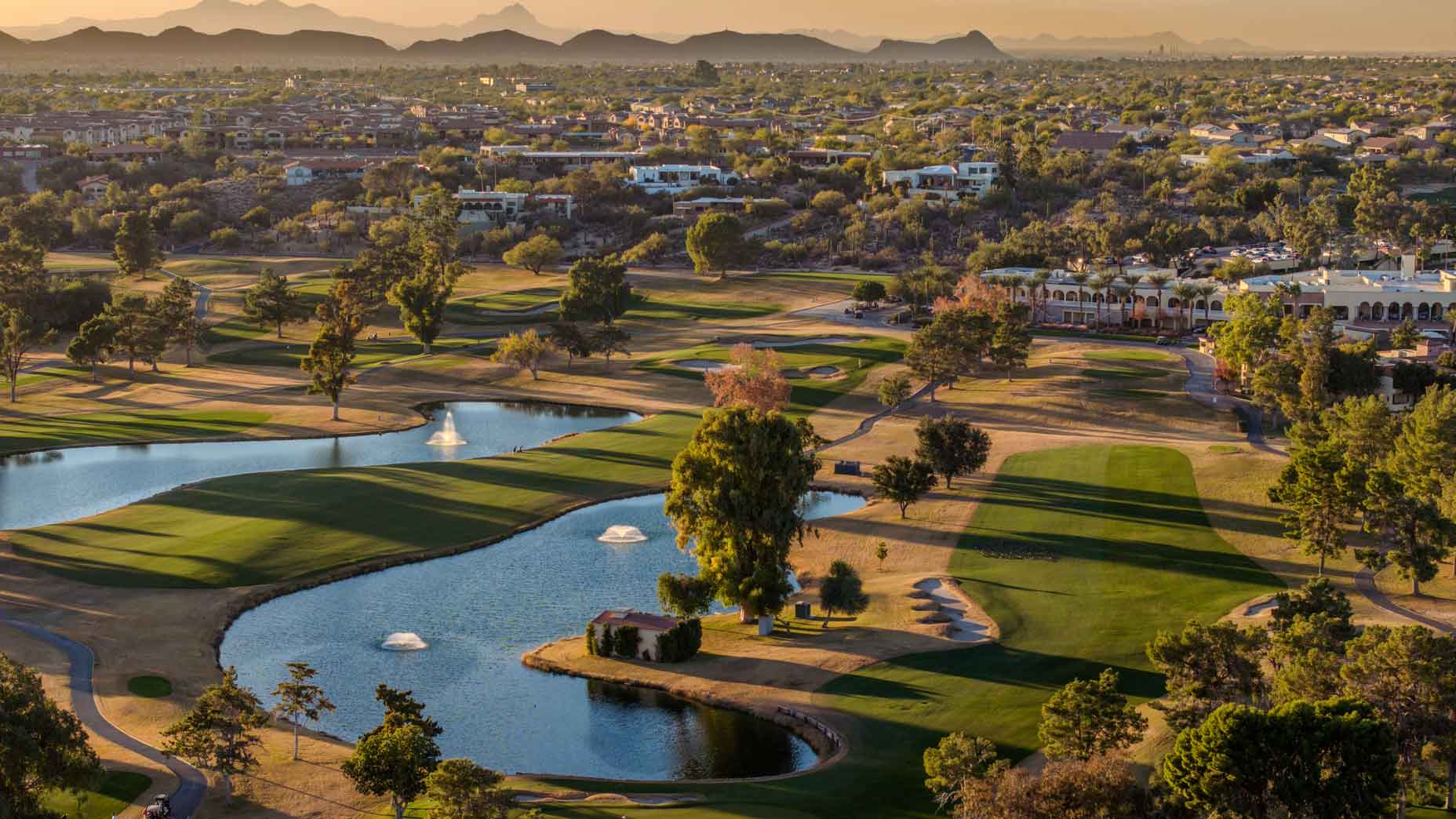 An aerial view of the 1st and 18th hole at the Omni Tucson National Resort & Spa's Catalina Course