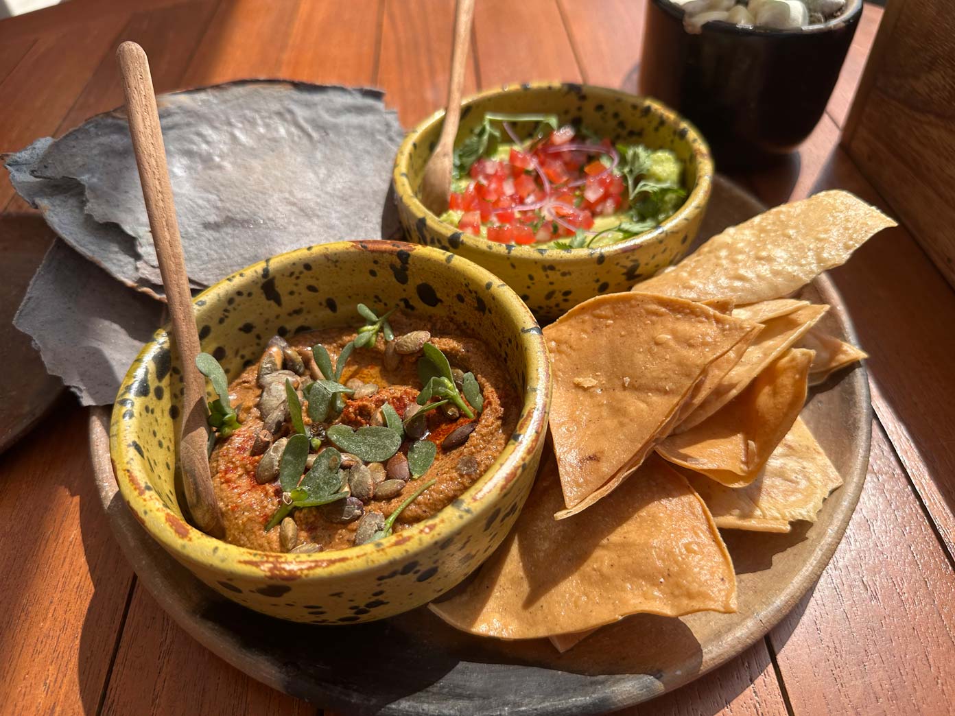 Two bowls on a wooden plate, one with hummus topped with seeds and greens, the other with guacamole and diced tomatoes. Enjoy these delicious bites served with crispy tortilla chips and blue corn tortillas on a wooden table.