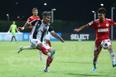 Jags' Sahil Suhaimi (stripped top) tried his luck against Balestier Khalsa