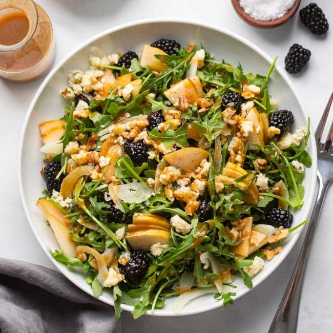 healthy pear walnut and Gongonzola salad